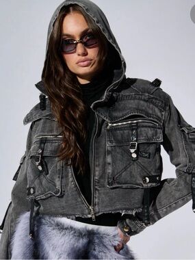 AKIRA Grunge Hooded Utility Jean Jacket